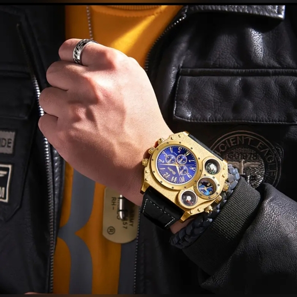 Mens large face dual time zone watch, leather, new in box - Picture 5 of 5